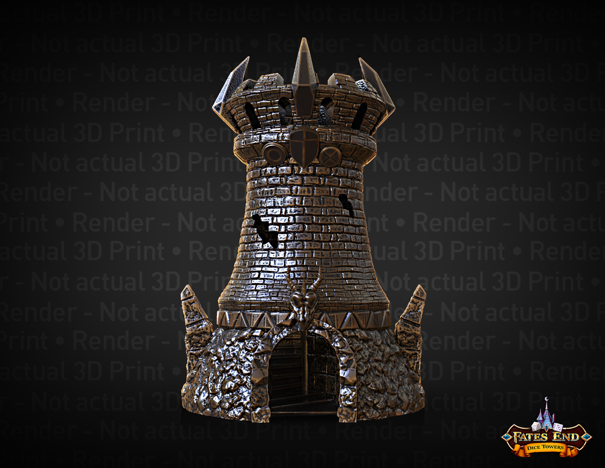 3D Render of Fates End Fighter Dice Tower - a round stone tower with uncut stone at the base and cut stone up the side. There are four inward-curving spiked merlons on the battlements at the top.