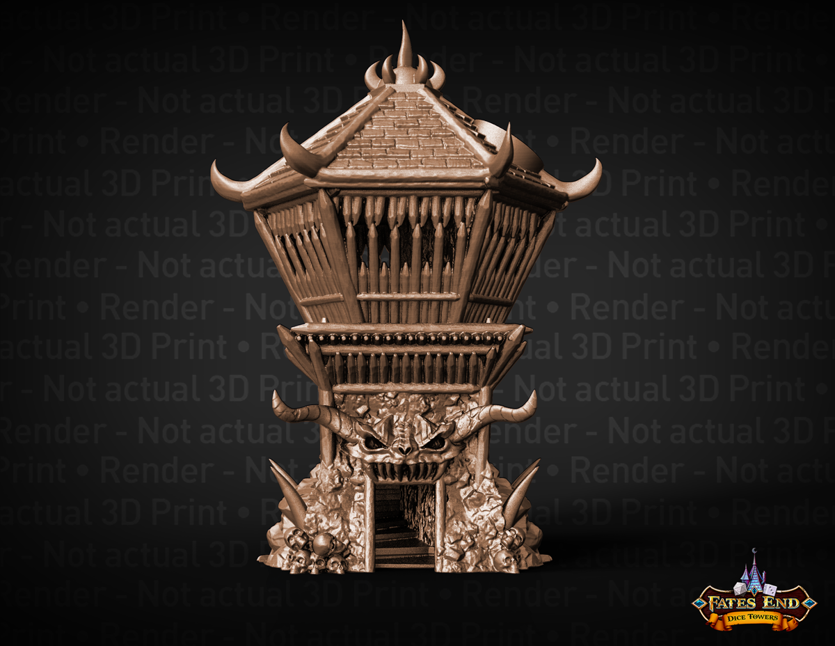 3D Render of Fates End Barbarian Dice Tower - a wood and stone guard tower with a beast skull mounted over the wood-framed entrance.