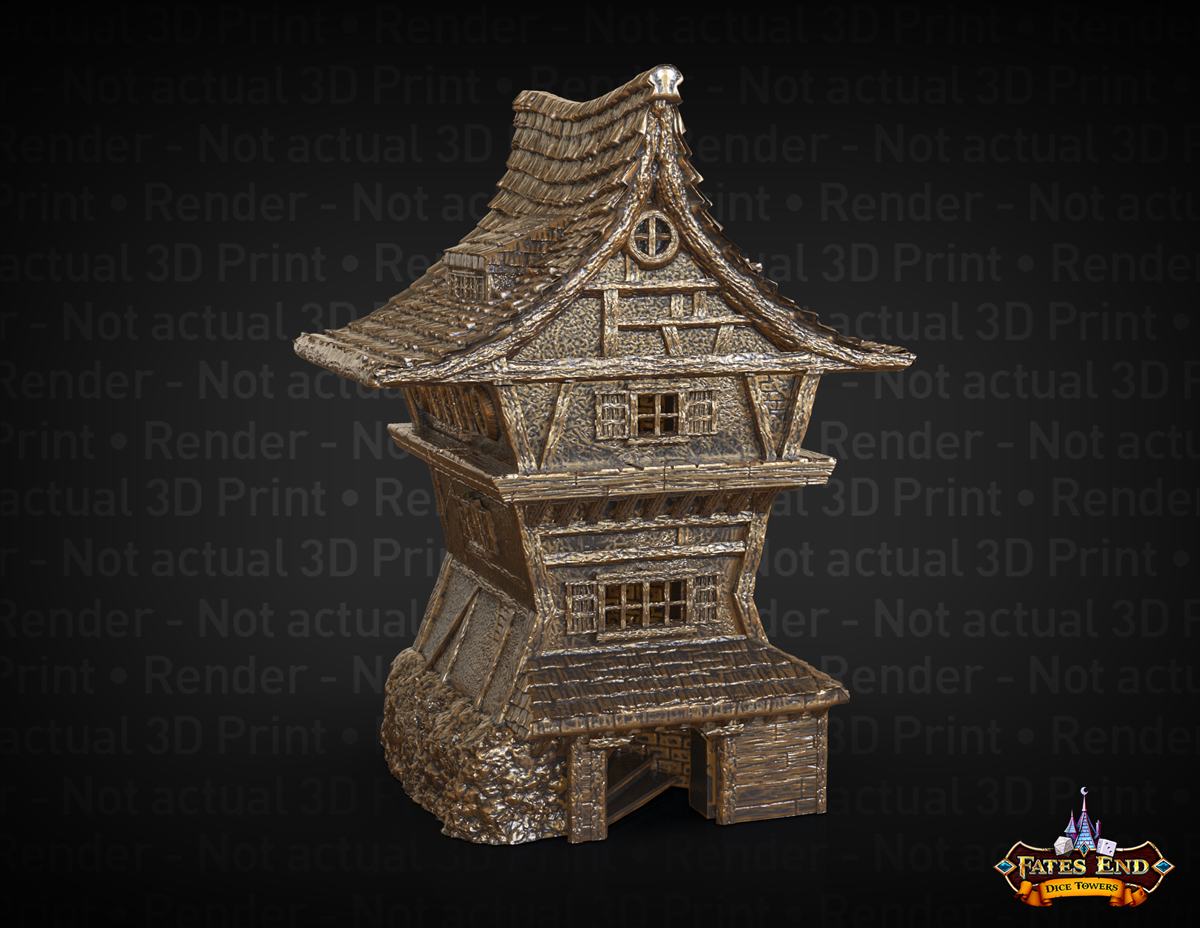 3D Render of Fates End Rogue Dice Tower - a three story wooden-styled medieval village building