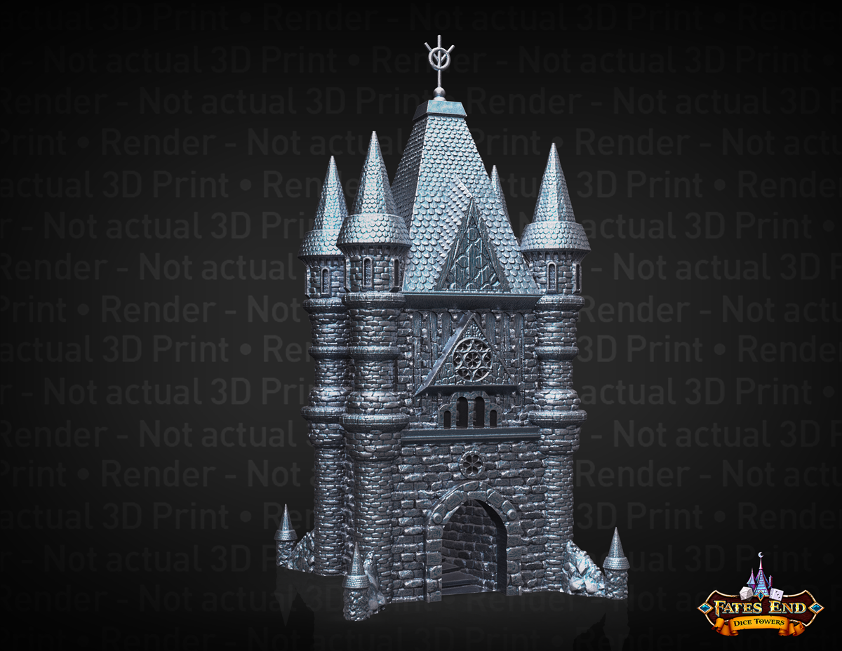 3D Render of Fates End Cleric Dice Tower - a European medieval-styled church with Gothic features, including rose windows and an arched entrance.