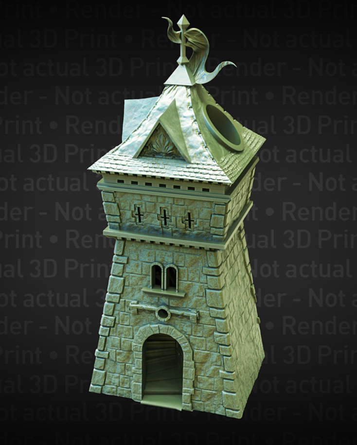 3D Render of Fates End Ranger Dice Tower - a medieval stone tower with a flowing banner at the peak of the roof.