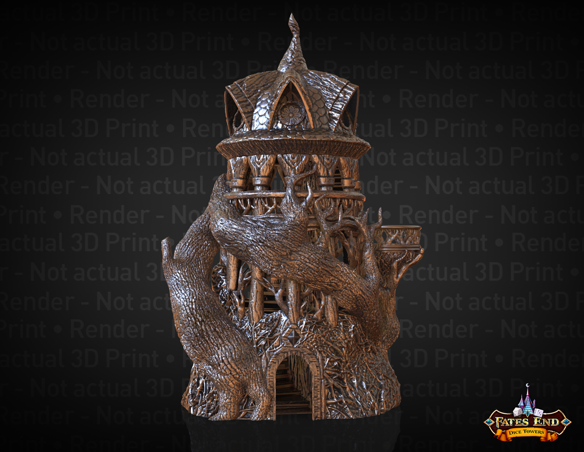 3D Render of Fates End Druid Dice Tower - an tower in a wood elvish architectural style, with tree trunks wrapping around it.