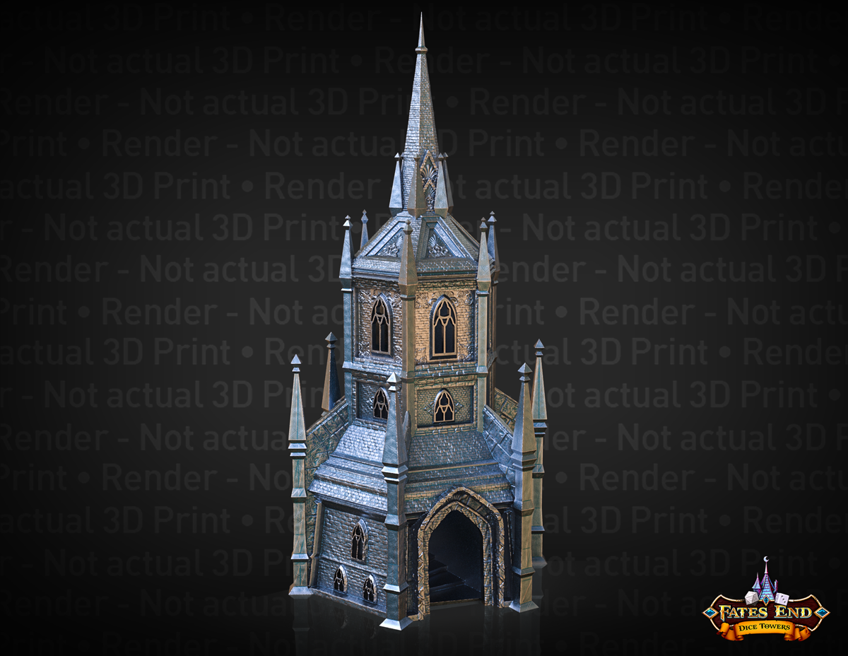 3D Render of Fates End Paladin Dice Tower - a Gothic-styled hexagonal church building with two tiers and a roof spire, and tall pinnacles at corners.