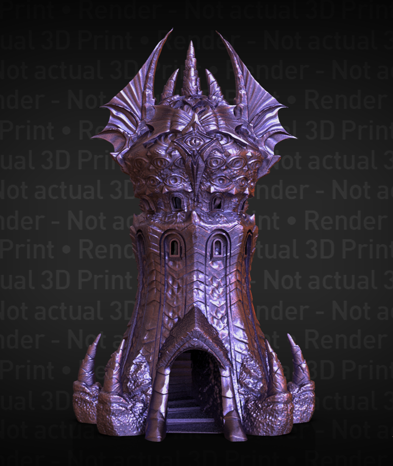 3D Render of Fates End  Dice Tower - a tower with claws at its base and reptilian wings at the top, a scaled exterior, with many eyes carved into the upper part of the tower wall.
