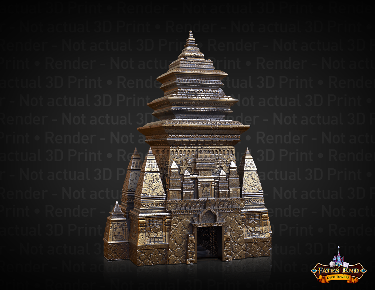 3D Render of Fates End Monk Dice Tower - a tower in the style of an ancient Buddhist temple with Indian styling