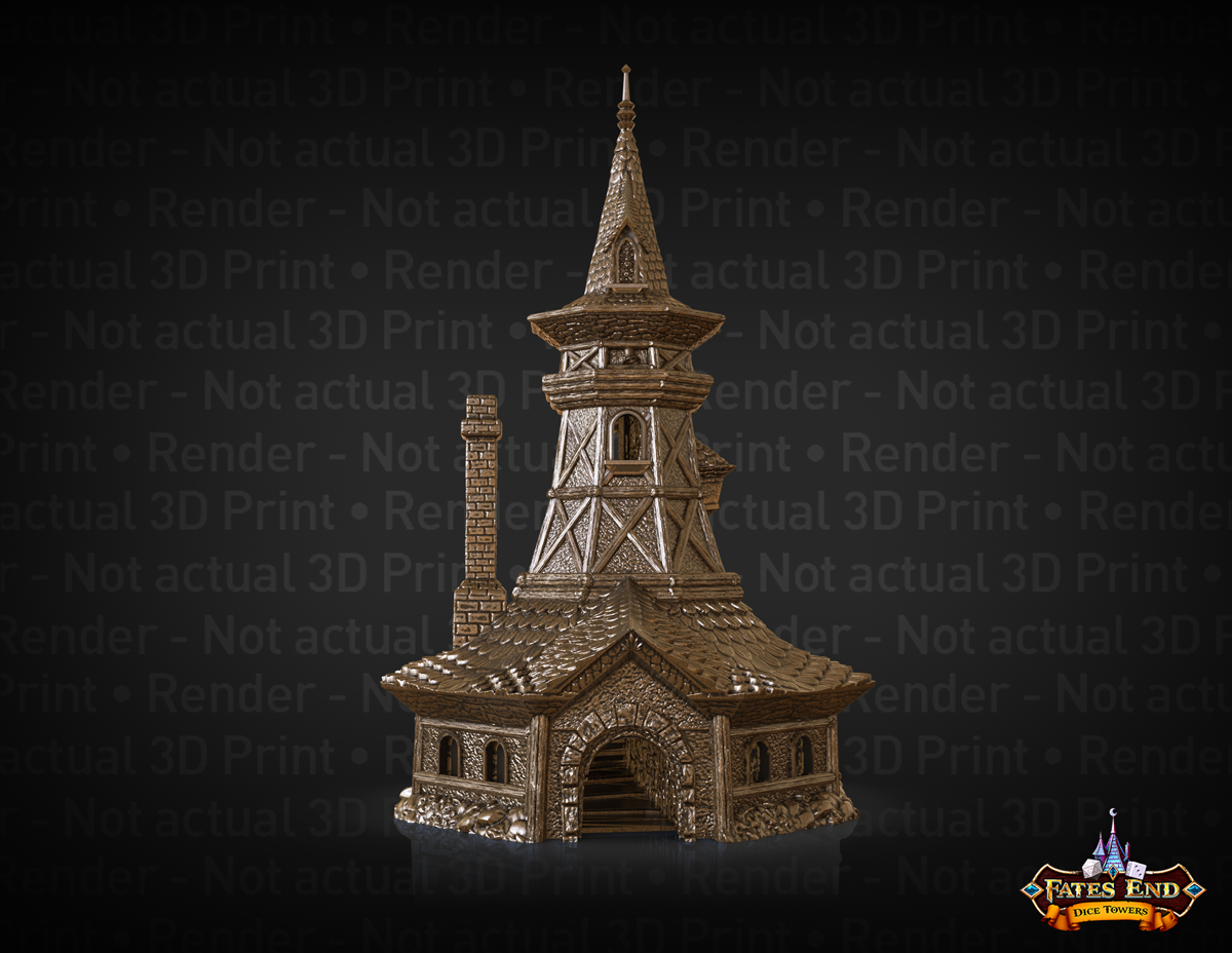3D Render of Fates End Bard Dice Tower - a hexagonal wood and stone, shingled roof building with a tall thin tower roof and brick chimney, reminiscent of a small tavern or guild hall.