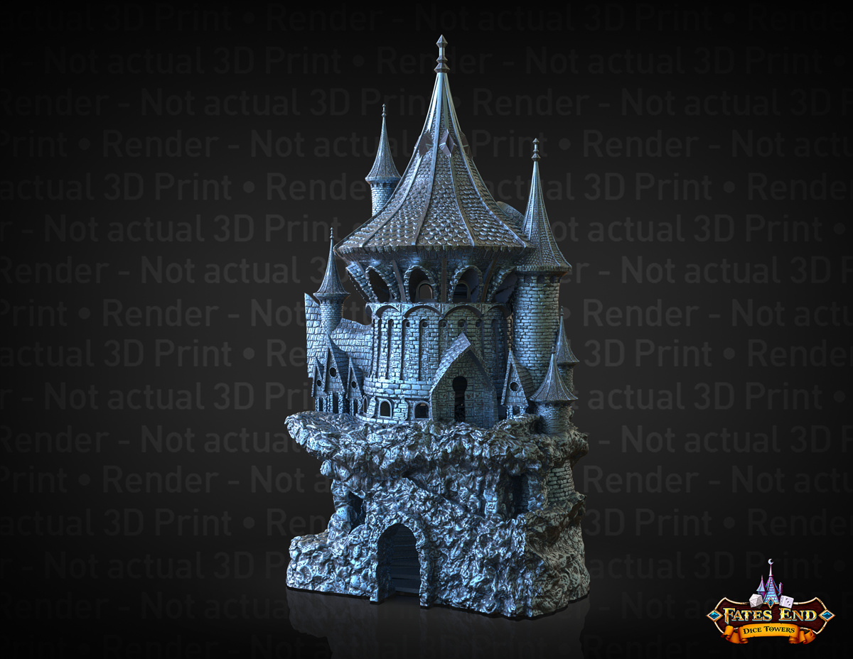 3D Render of Fates End Sorcerer Dice Tower - A multi-spired mage tower atop a base that could be clouds or rocks
