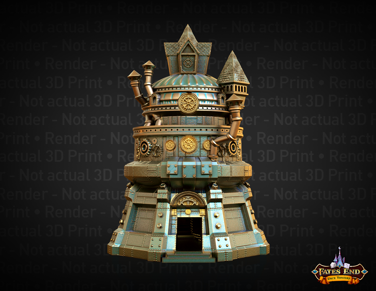 3D Render of Fates End Artificer Dice Tower - a domed metal building of rivetted plates, bent smokestacks, and decorative gears, styled like a fantasy gnome's workshop