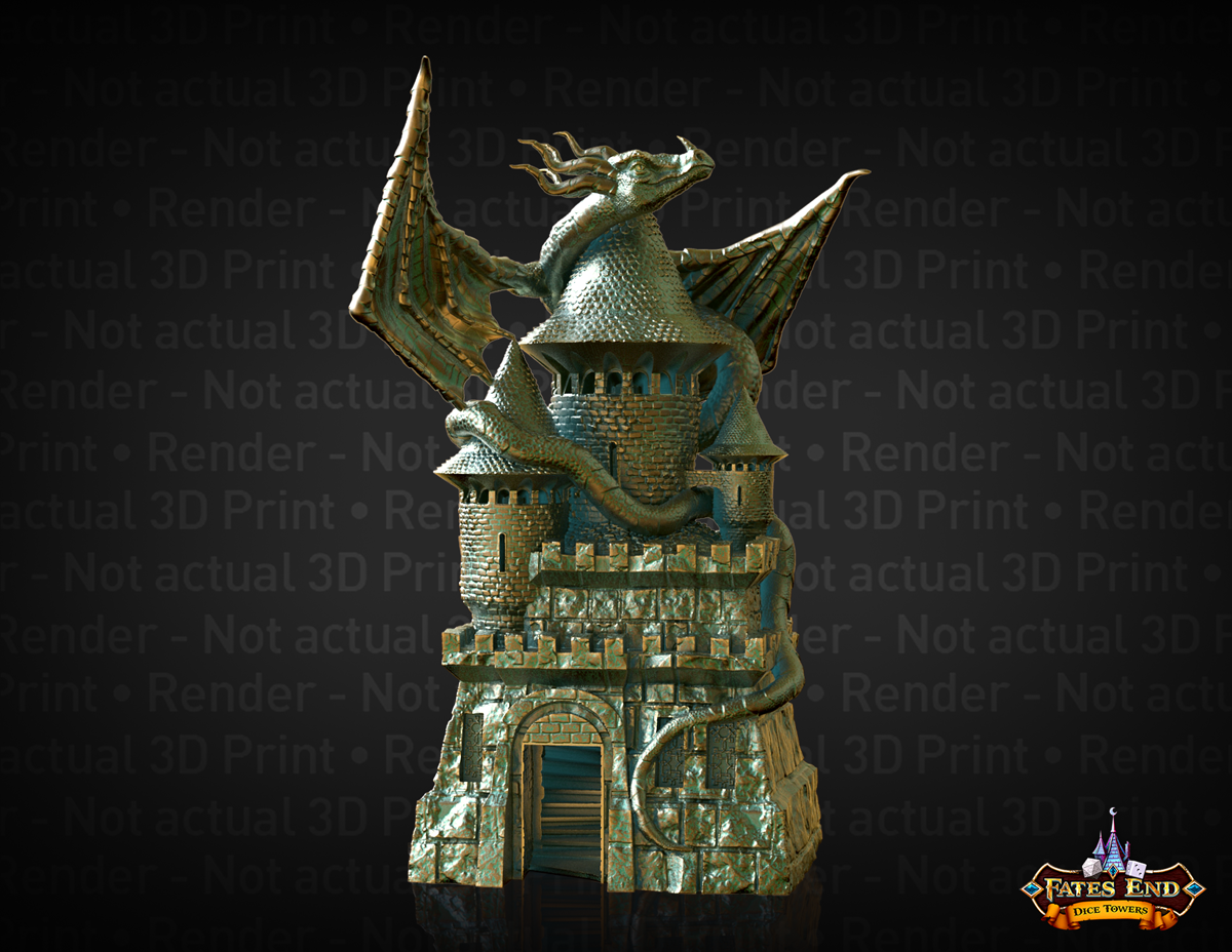 3D Render of Fates End GM Dice Tower - a stone castle with three towers, and a dragon perched against the central tower, wings outstretched.