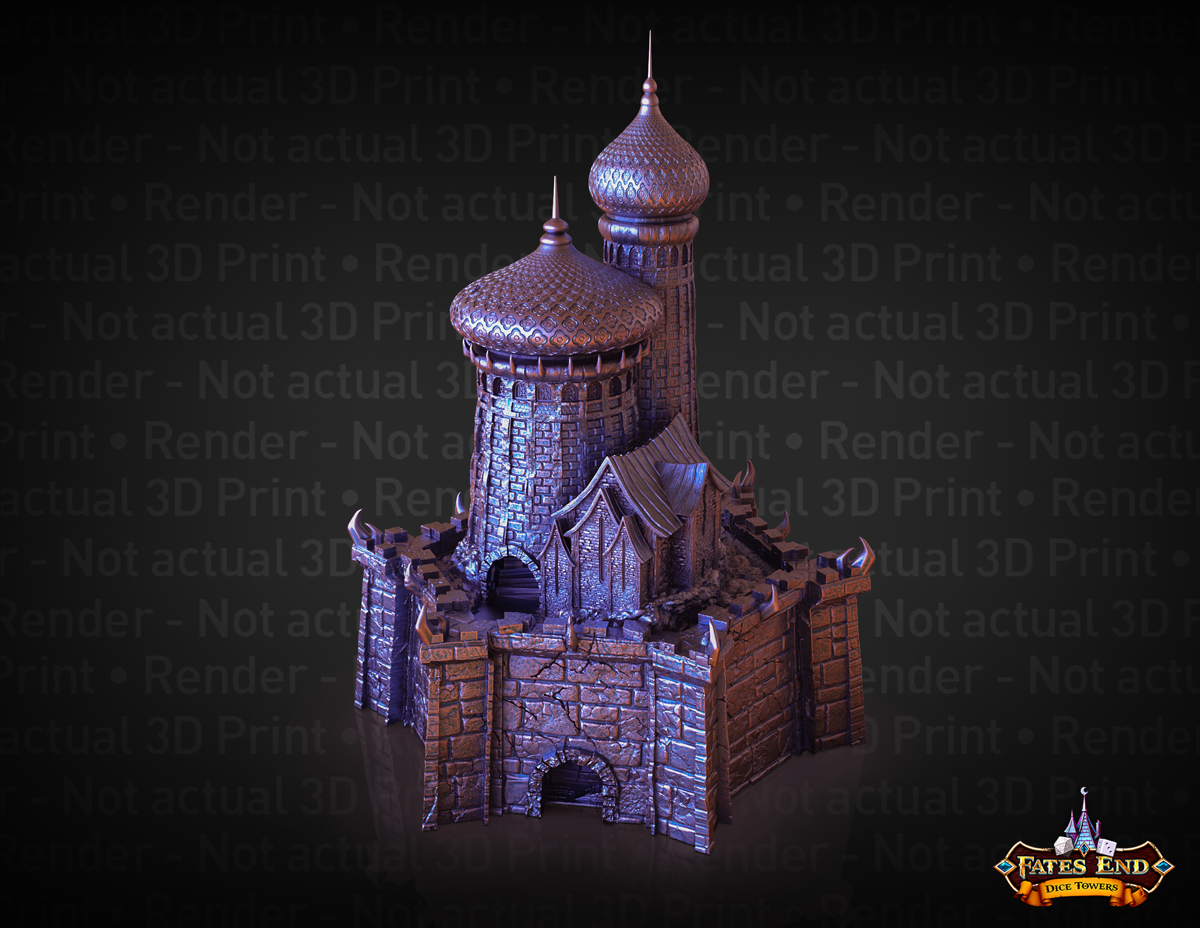 3D Render of Fates End Weis and Hickman Dice Tower - a two-spired tower or keep atop a hexagonal stone wall with clawed spikes at the corners. Towers have ancient western Asian-style patterned and spired onion dome roofs.