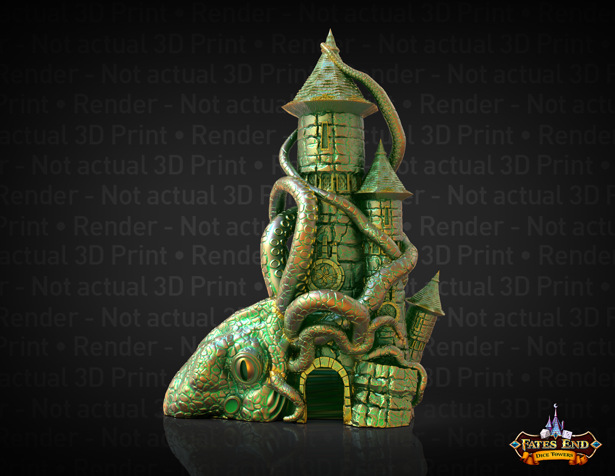 3D Render of Fates End Kraken Dice Tower - a stone castle with multiple towers, with a large kraken encircling it with its tentacles.