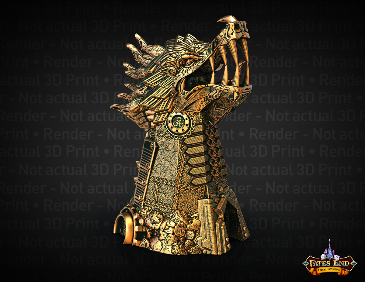 3D Render of Fates End Clockwork Monster Dice Tower - a metallic-textured mechanical dragon head.