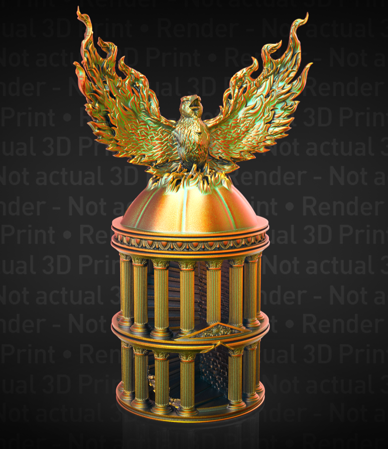 3D Render of Fates End Phoenix Dice Tower - a domed, columned building in Classical style with a phoenix perched at the top of the dome, wings outstretched.