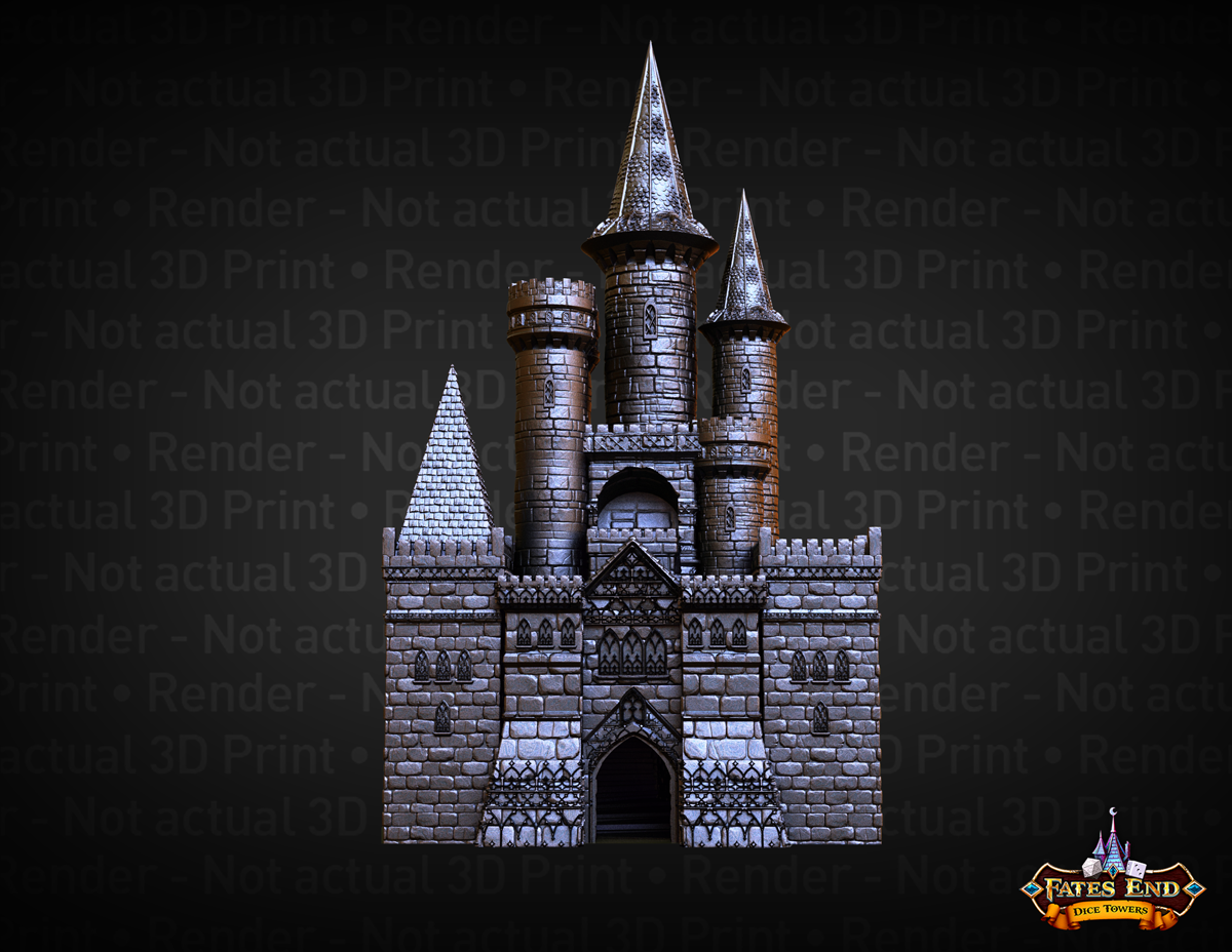 3D Render of Fates End Vampire Dice Tower - a medieval castle with gothic-style windows and trim