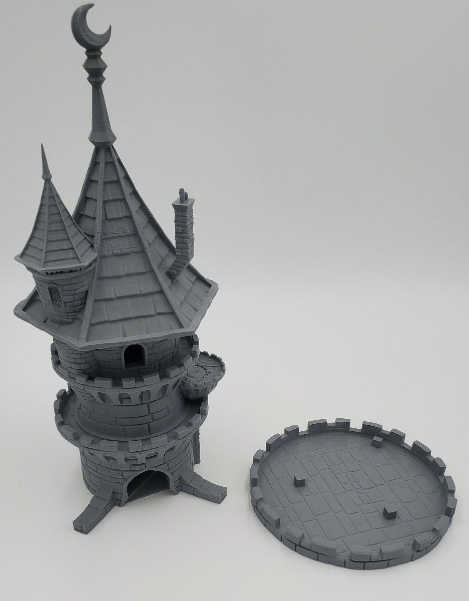 Photo of Fates End Wizard dice tower separate from tray in gray